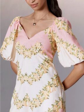 Farm Rio x Anthropologie V-Neck Puff-Sleeve Linen Blend Romper by Size-M